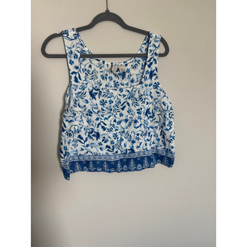 Joie 100% Linen Blue White Floral Crop Tank Top Womens Large Coastal Cottagecore